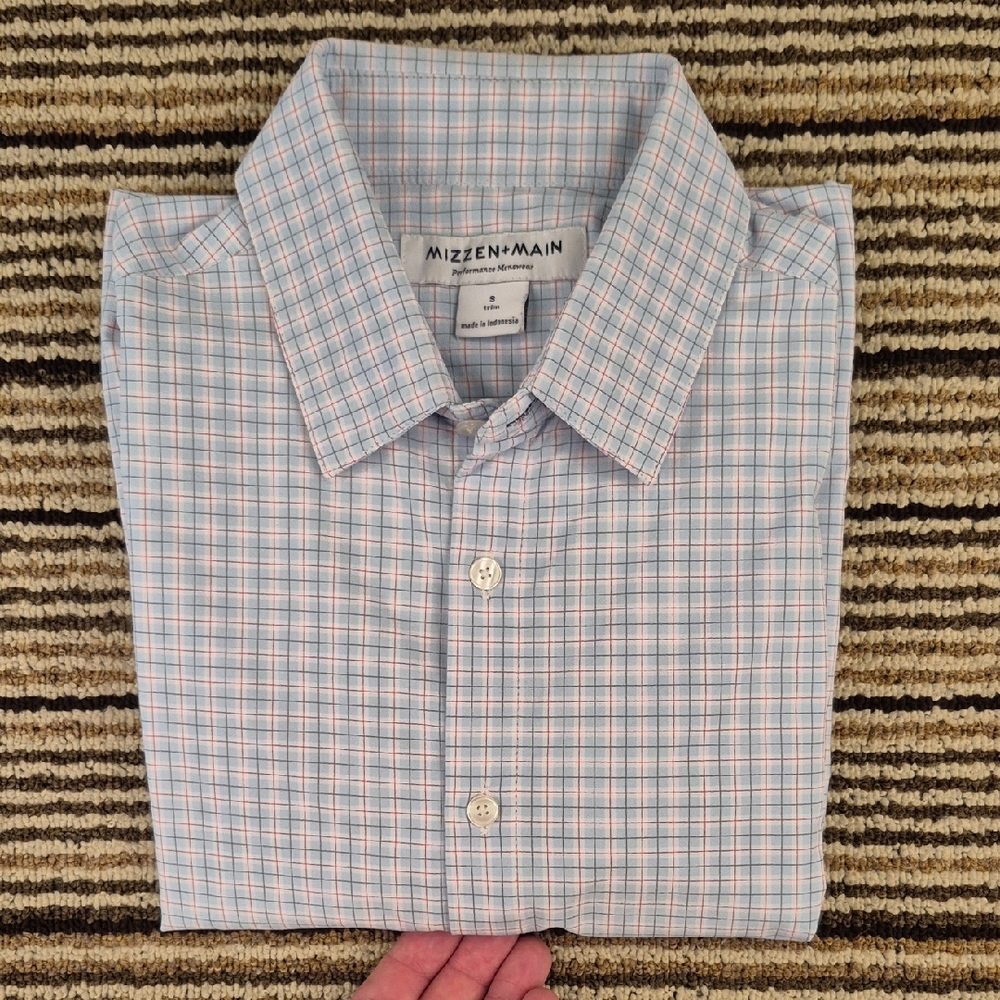 MIZZEN + MAIN Blue Red White Plaid Performance Sz S Trim Mens Long Sleeve Shirt